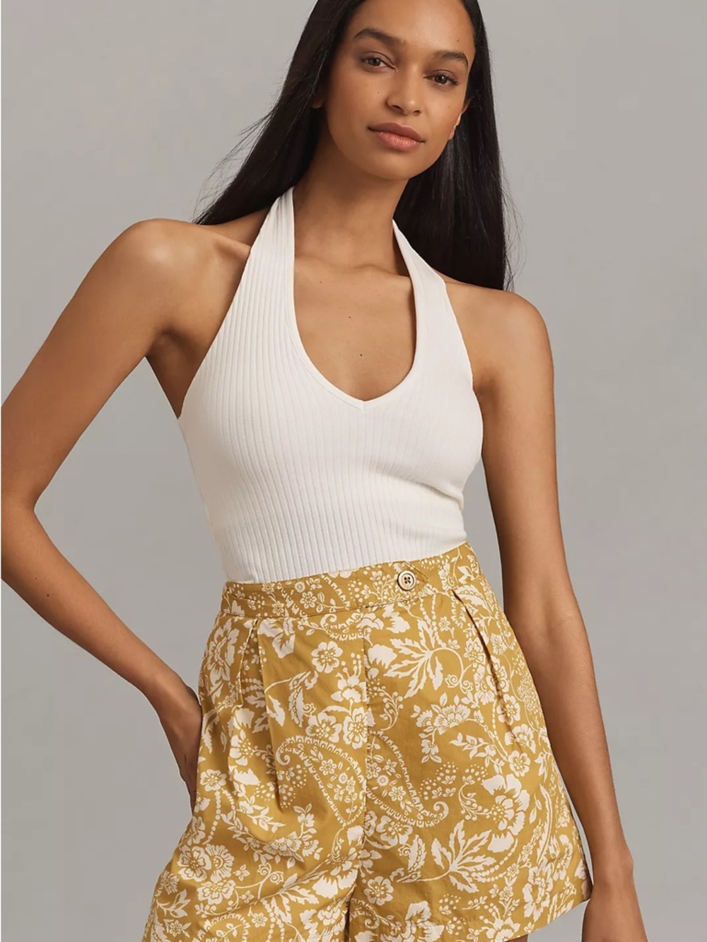 Maeve Mustard Yellow Floral High-Waist Shorts